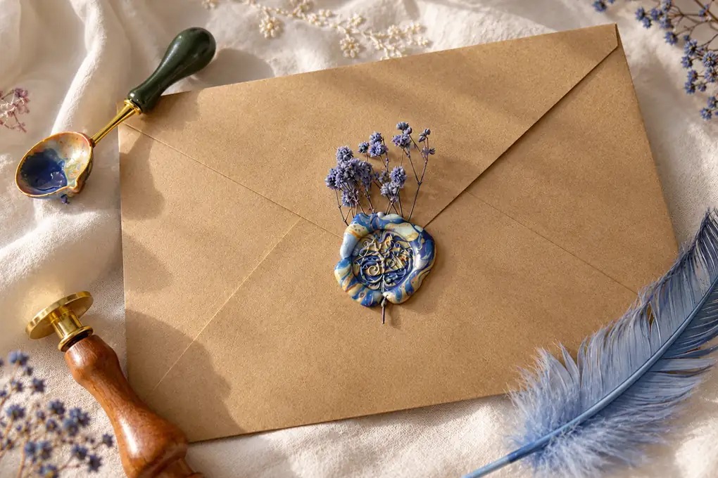A kraft envelope sealed in blue wax, with dried lavender, beside the stamp it was pressed with
