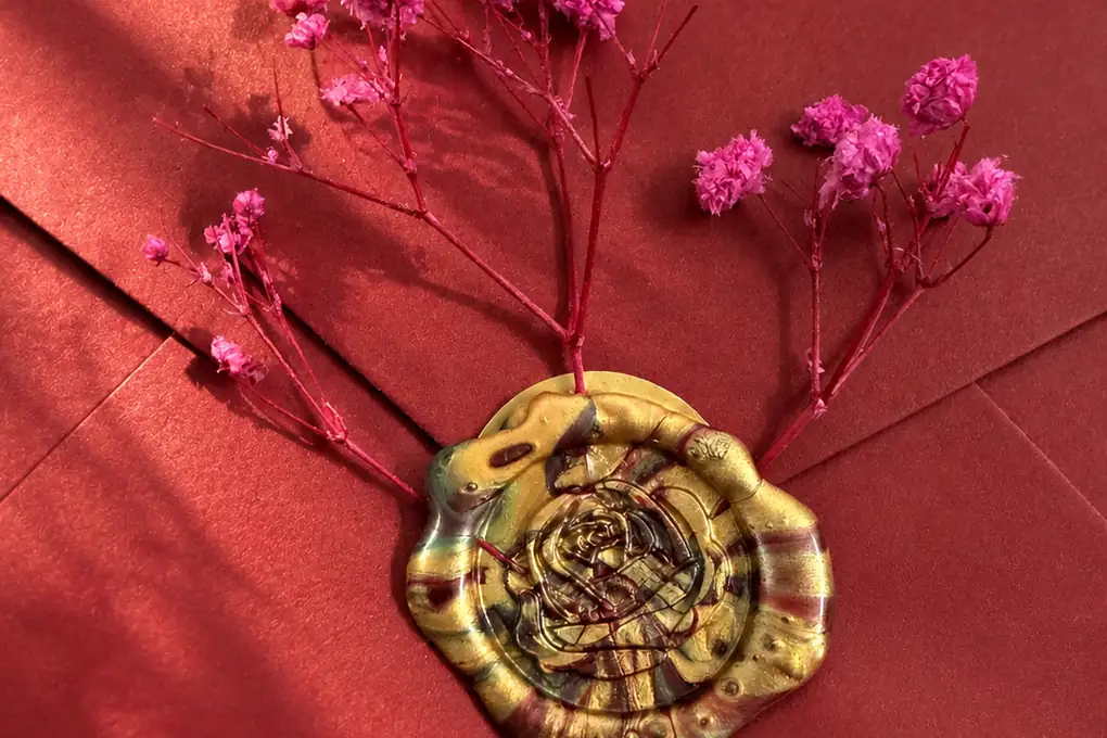 A deep red envelope with a gold rose-stamped wax seal and dried pink flowers