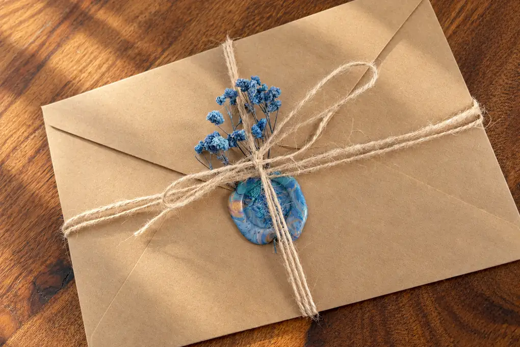A kraft envelope tied with twine, with a blue wax seal and dried blue flowers