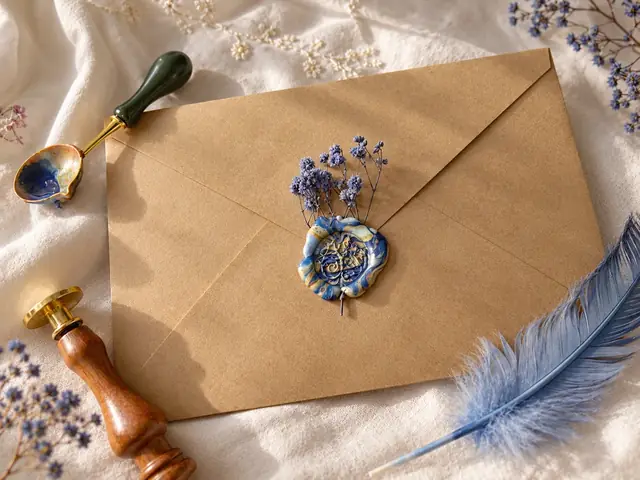 A kraft envelope sealed with wax, beside the stamp it was pressed with