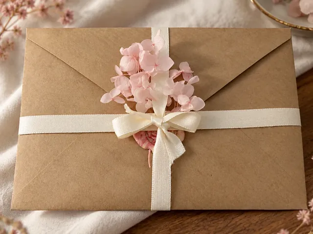 A kraft envelope with dried pink flowers under a cream ribbon