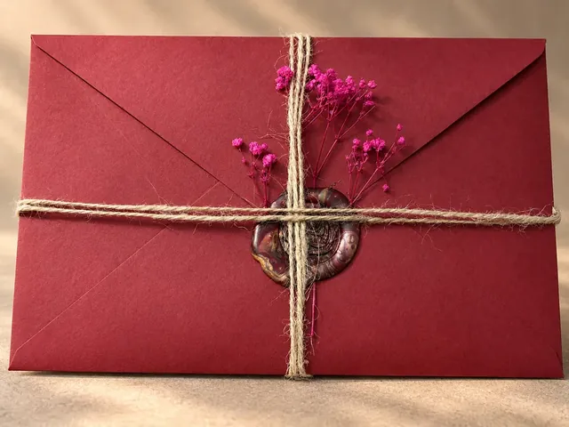 A deep red envelope bound in twine, with dried pink flowers