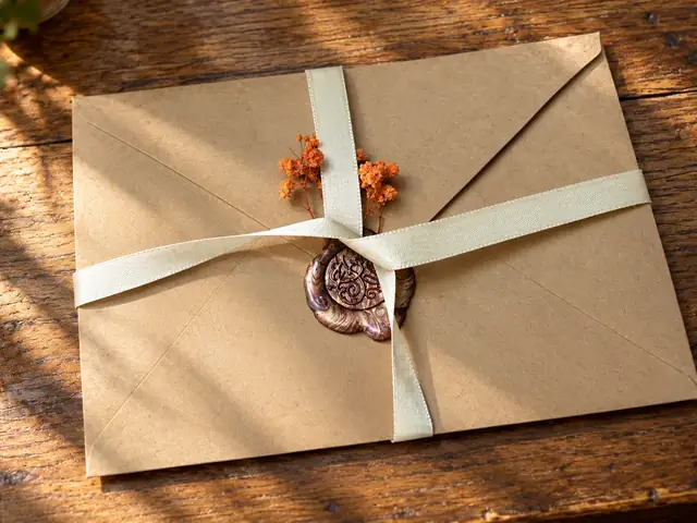 A kraft envelope with a wax seal and dried orange sprigs