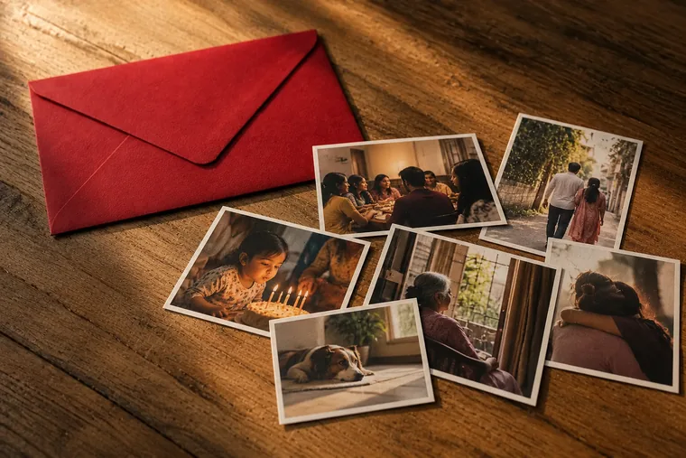 Printed photographs laid out beside one of our envelopes