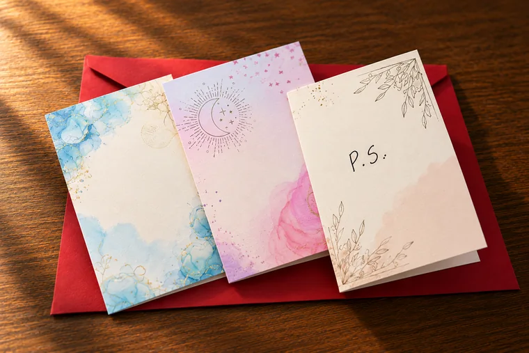 Three watercolour P.S. card designs on a deep red envelope