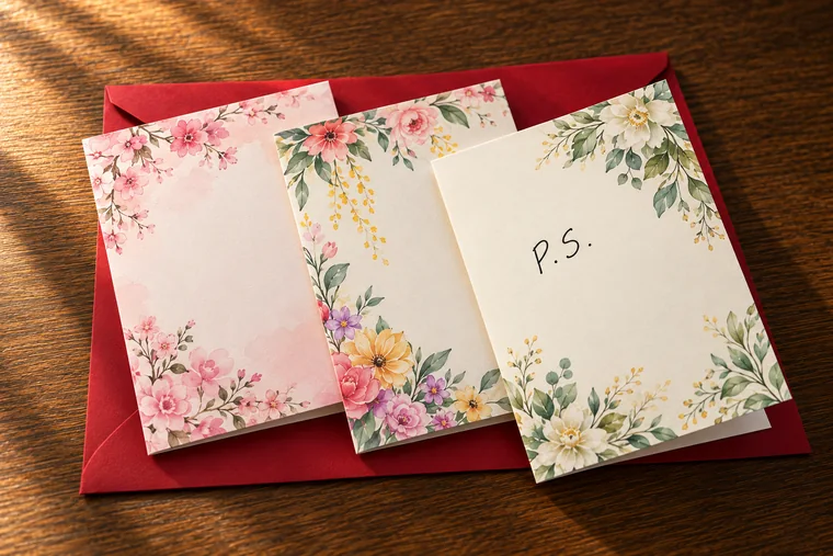 Three floral P.S. card designs on a deep red envelope