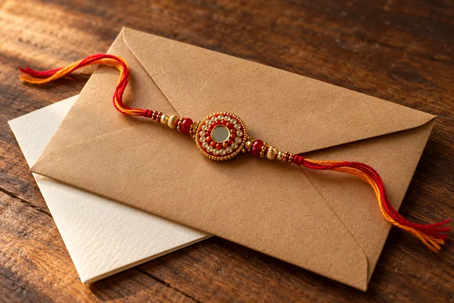 A rakhi resting on one of our envelopes